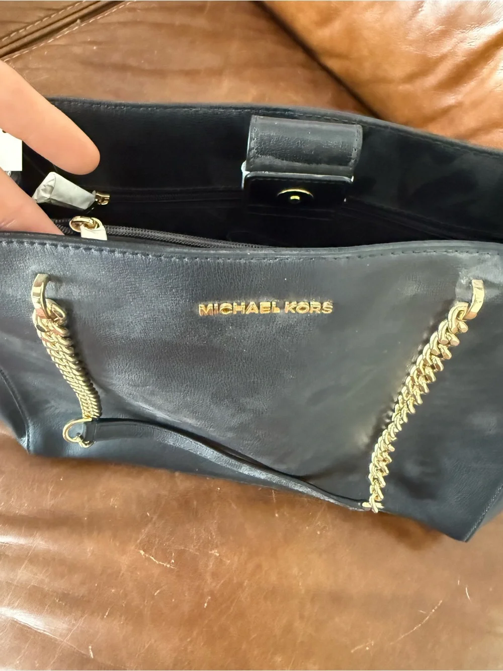 Michael Kors Black Leather Tote with Gold Chain Straps